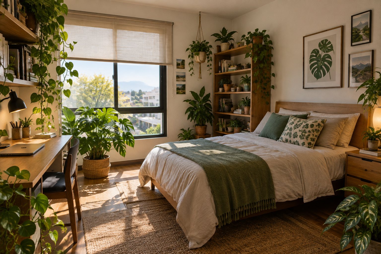 Dormitorio residencial bañado por luz natural tamizada, con estructura de madera y textiles naturales