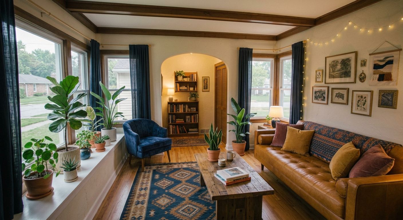 Zona de estar contigua con sofá de cuero coñac que aporta calidez orgánica al espacio